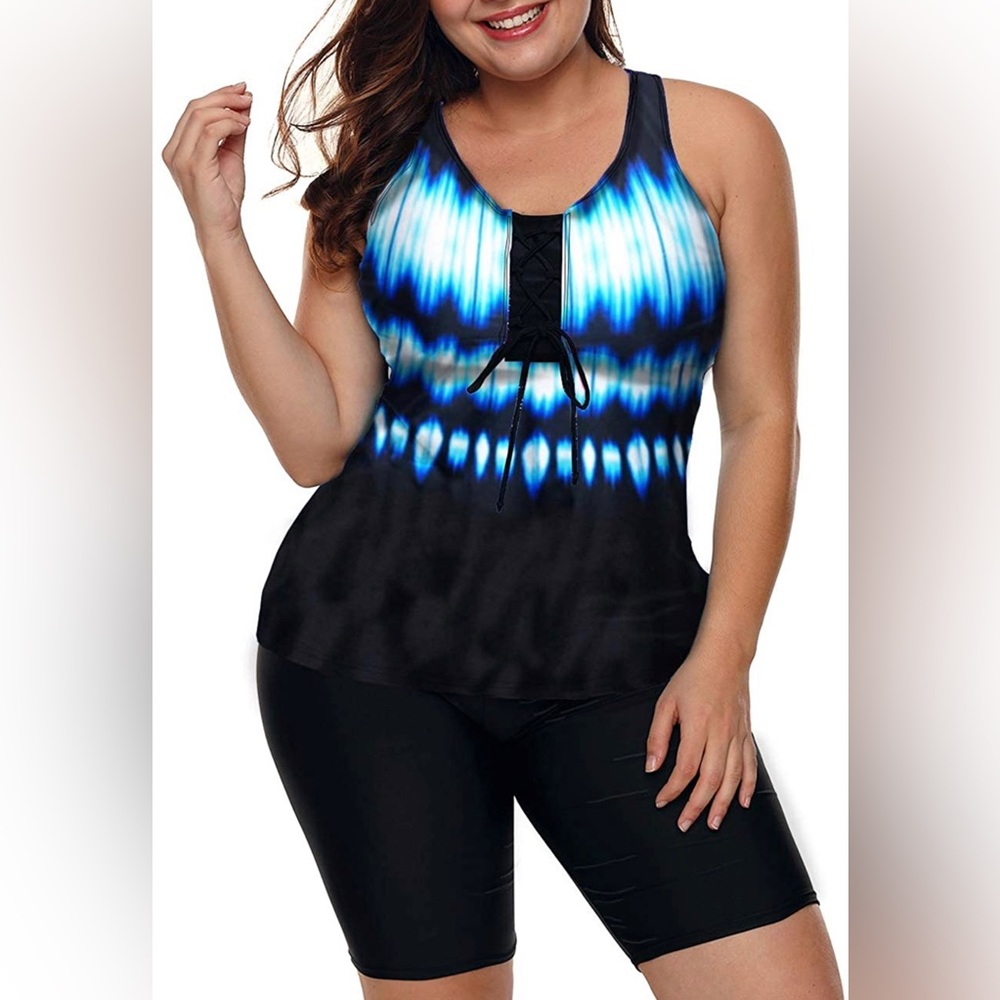 Blue Black Tie Dyed Tankini Swimsuit 2Pc Top and Bike Shorts 3X